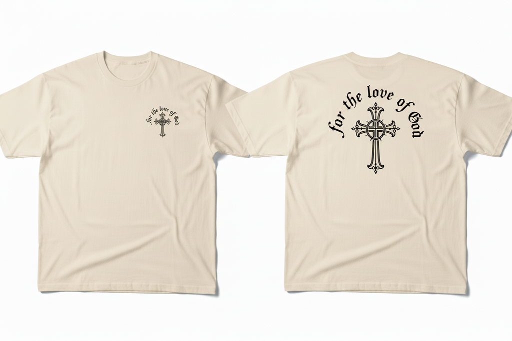 Cream colored t-shirt with black logo