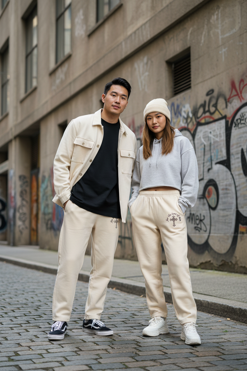 Lifestyle shot with models wearing cream pants